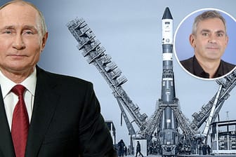 Wladimir Putin und eine Weltraumrakete (Montage: t-online): Im Kosmos hat ganz klar Russland die Nase vorn, meint Wladimir Kaminer.