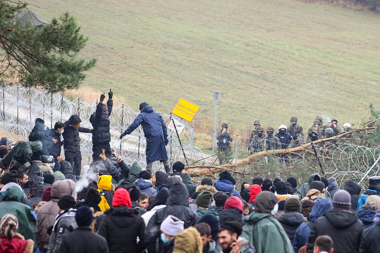 Migranten werfen einen Baum auf den Stacheldraht an der polnisch-belarussischen Grenze: Eine Gruppe von Flüchtlingen hat es geschafft die Absperrung zu durchbrechen.