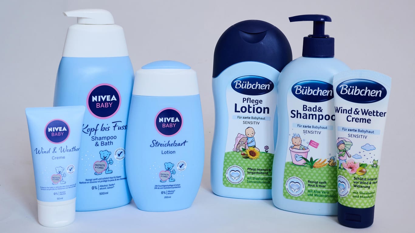 Unterschiedliche Pflege-Produkte für Babys der Marken Bübchen (rechte Seite) und Nivea (Symbolbild): Der Babypflege-Hersteller Bübchen ist mit einer Klage gegen den Nivea-Mutterkonzern Beiersdorf gescheitert.