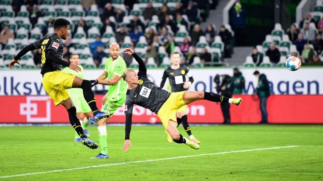 Weltklasse-Stürmer Erling Haaland (M) erzielt nur neun Minuten nach seiner Einwechslung das 3:1 gegen den VfL Wolfsburg. Weltklasse-Stürmer Erling Haaland (M) erzielt nur neun Minuten nach seiner Einwechslung das 3:1 gegen den VfL Wolfsburg.