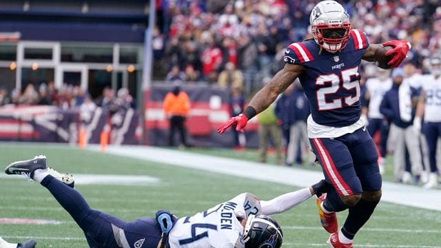 Brandon Bolden (r) befreit sich von Elijah Molden von den Tennessee Titans. Brandon Bolden (r) befreit sich von Elijah Molden von den Tennessee Titans.