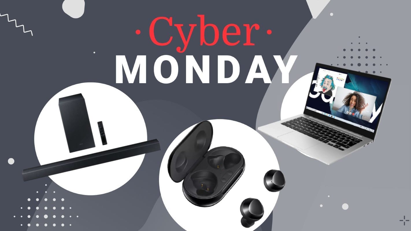 Die besten Samsung-Deals am Cyber Monday: Soundbar mit Subwoofer, Galaxy Buds+ und Galaxy Book Go.