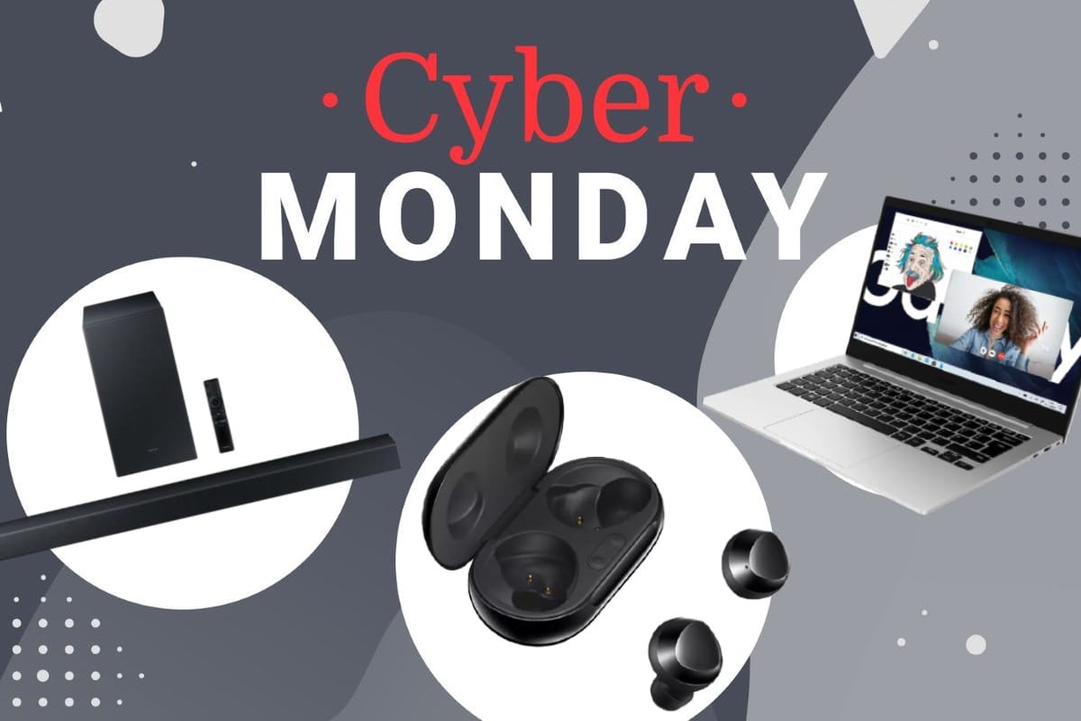 Die besten Samsung-Deals am Cyber Monday: Soundbar mit Subwoofer, Galaxy Buds+ und Galaxy Book Go.