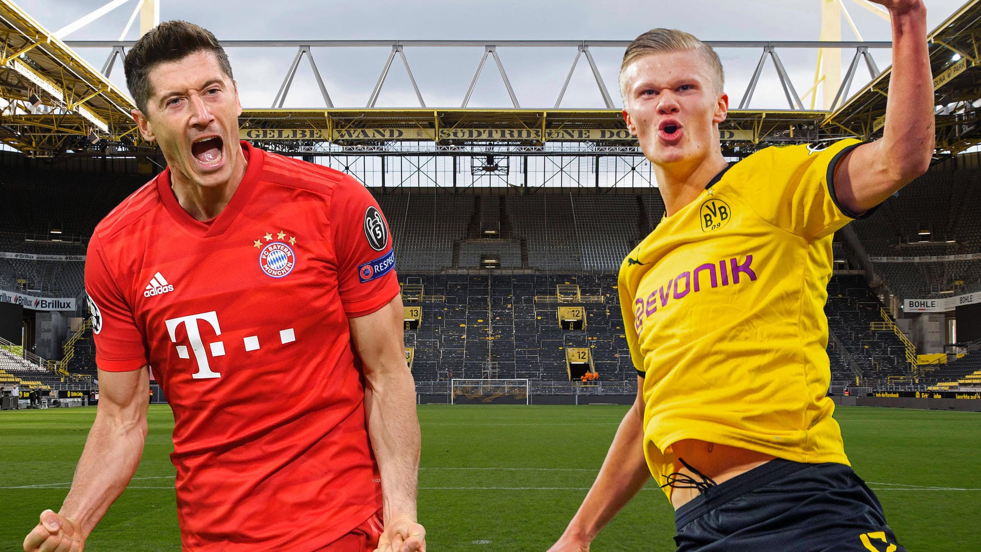 Topspiel in der Bundesliga: Robert Lewandowski (li.) und Erling Haaland treffen im direkten Torjägerduell aufeinander. Topspiel in der Bundesliga: Robert Lewandowski (li.) und Erling Haaland treffen im direkten Torjägerduell aufeinander.
