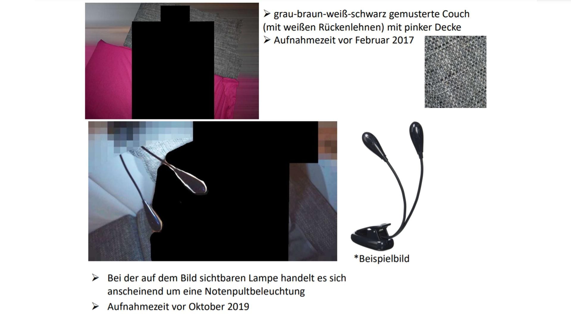 Grau-braun-weiß-schwarz gemusterte Couch mit weißen Rückenlehnen: Hier wurde ein Junge missbraucht, der heute laut Ermittlern maximal 13 Jahre alt ist.