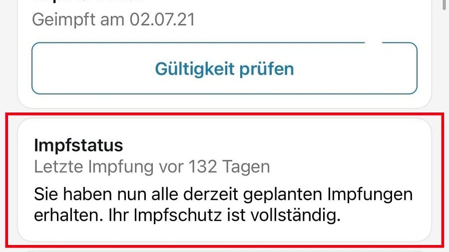 Corona-Warn-App: Im rot markierten Kasten wird der Impfstatus mit eventueller Empfehlung zur Auffrischimpfung angezeigt.