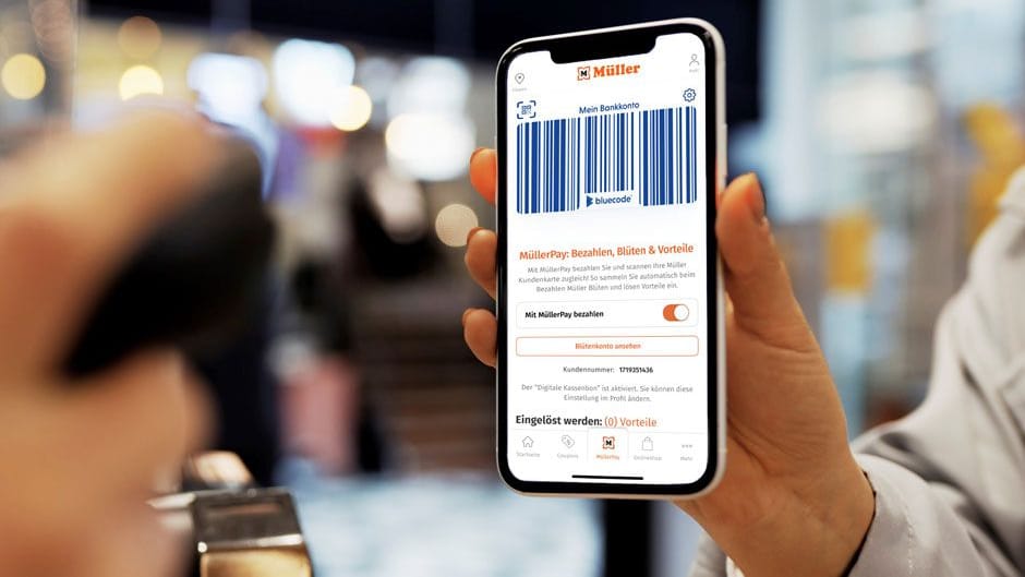 MüllerPay auf dem Smartphone: Kontaktloses Bezahlen per App.