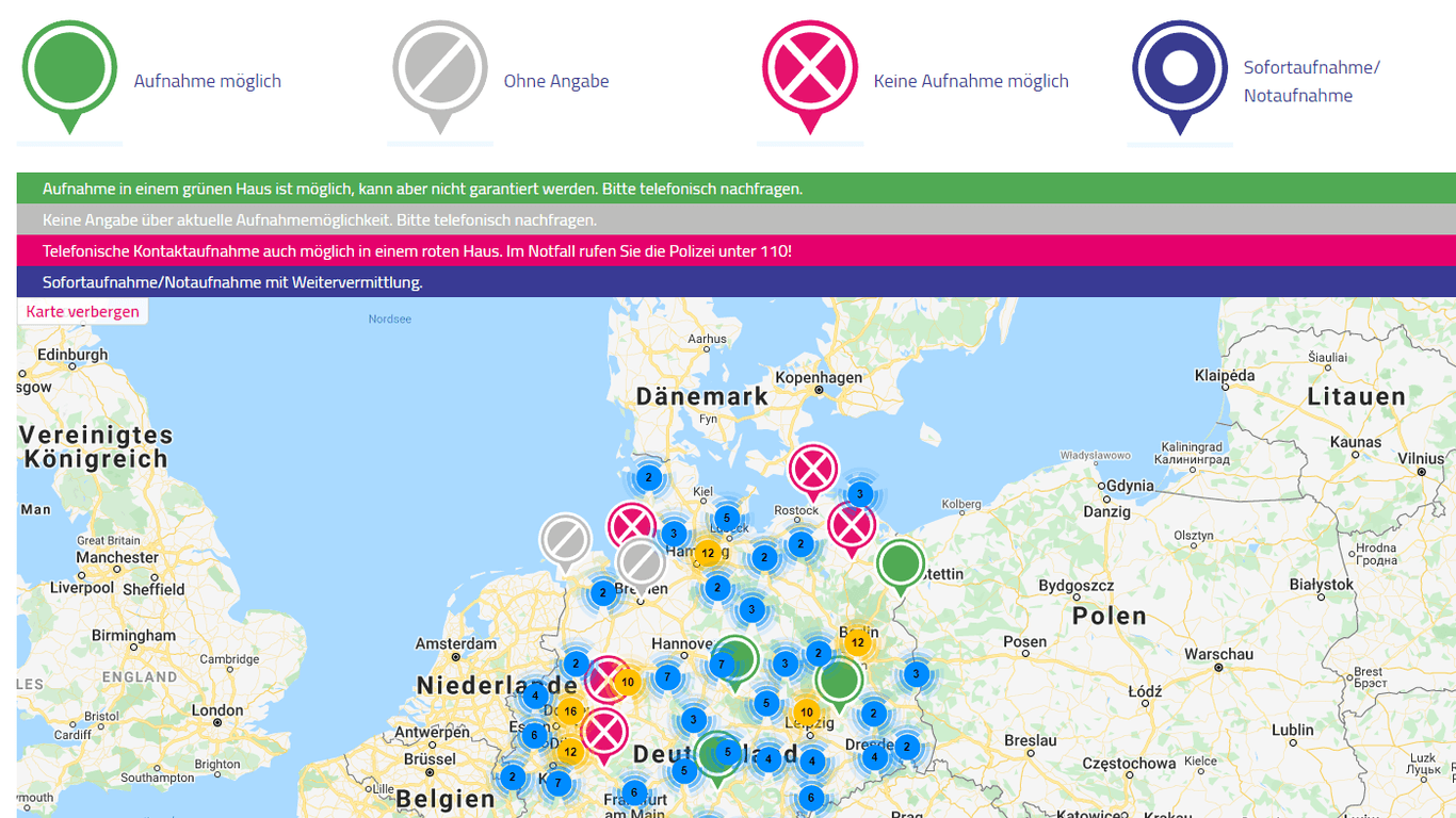 Die Karte der Frauenhaus-Suche mit den Symbolen der Verfügbarkeitskategorien.