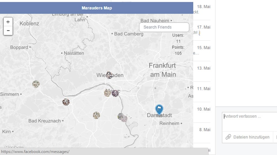 Hier sind (unkenntlich gemacht) einige der weiteren Facebook-Kontakte zu sehen, die Spuren auf der Marauder-Map hinterlassen haben.