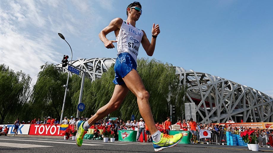 Blauer Himmel und Sonnenschein über Peking: Für den Italiener Massimo Stano reicht es über 20 Kilometer Gehen am Ende aber trotzdem nur zu Rang 20.