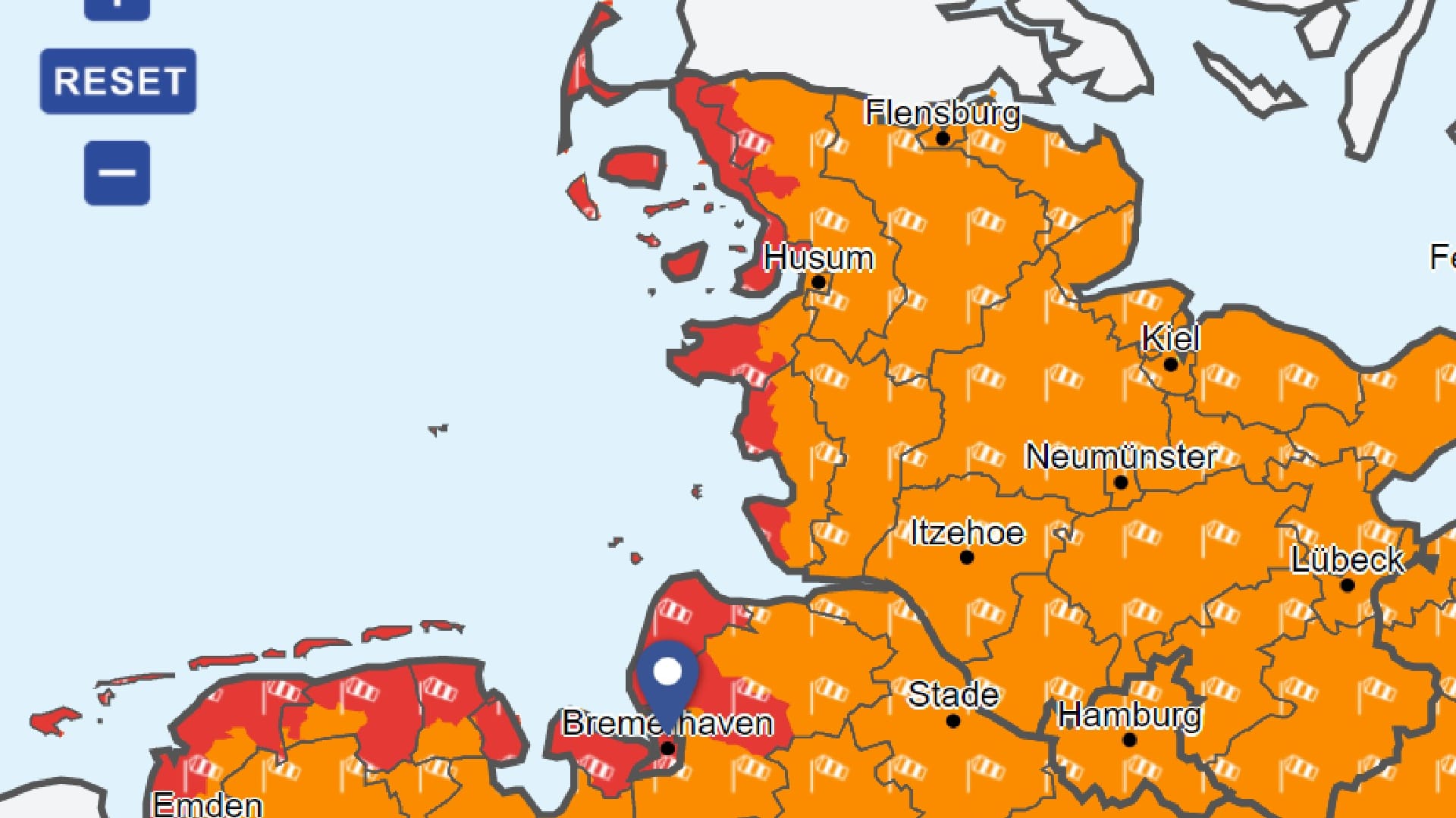 Die DWD-Warnkarte: Für das Landesinnere ist stürmisches Wetter vorausgesagt, an der Küste werden sogar orkanartige Böen erwartet. Die DWD-Warnkarte: Für das Landesinnere ist stürmisches Wetter vorausgesagt, an der Küste werden sogar orkanartige Böen erwartet.