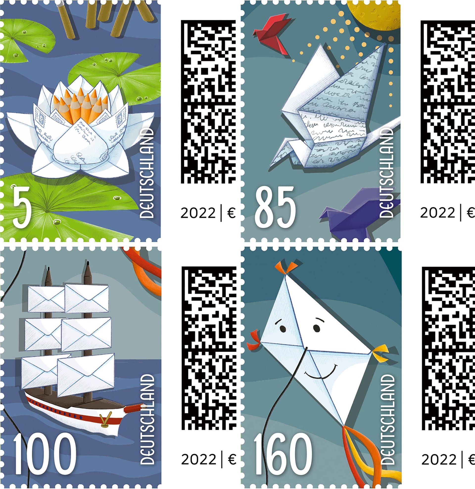 Postwertzeichen: Auf den neuen Briefmarken der Deutschen Post sind ein Papierdrache, eine Papierrose, eine Brieftaube oder ein Segelschiff abgebildet.