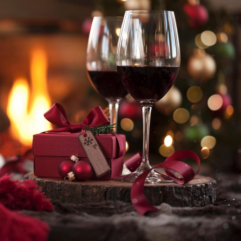Christmas Red Wine in Front of the Fireplace and Christmas Tree with Gifts