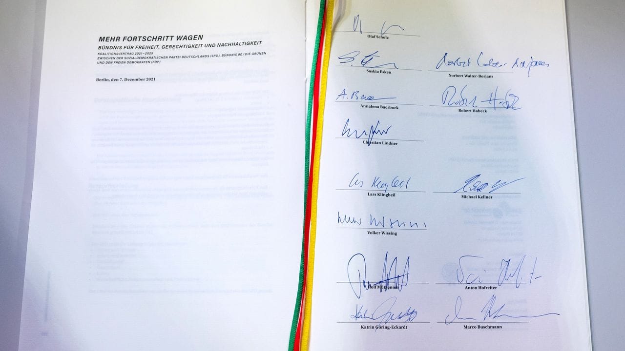 Ein Blick auf die Unterschriften der Spitzenvertreter der Ampel-Parteien.