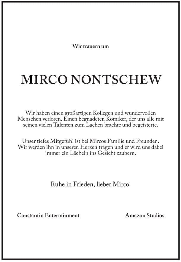 Diese Todesanzeige schalteten Constantin Entertainment und Amazon Studios in der "Süddeutschen Zeitung".