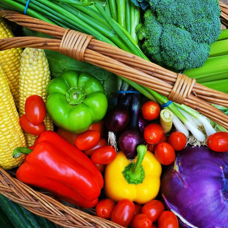 Ein Korb voll mit frischem buntem Gemüse: Wie gut wissen Sie über gesunde Ernährung Bescheid? Testen Sie sich!