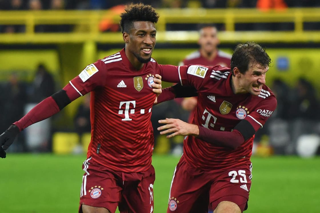 Torjubel gegen den BVB: Kingsley Coman (l.) mit Thomas Müller.