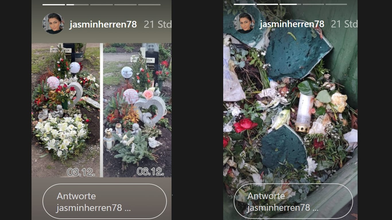 Zwei Aufnahmen aus der Instagram-Story von Jasmin Herren: Das Grab ihres Mannes und der abgeräumte Grabschmuck im Müll.