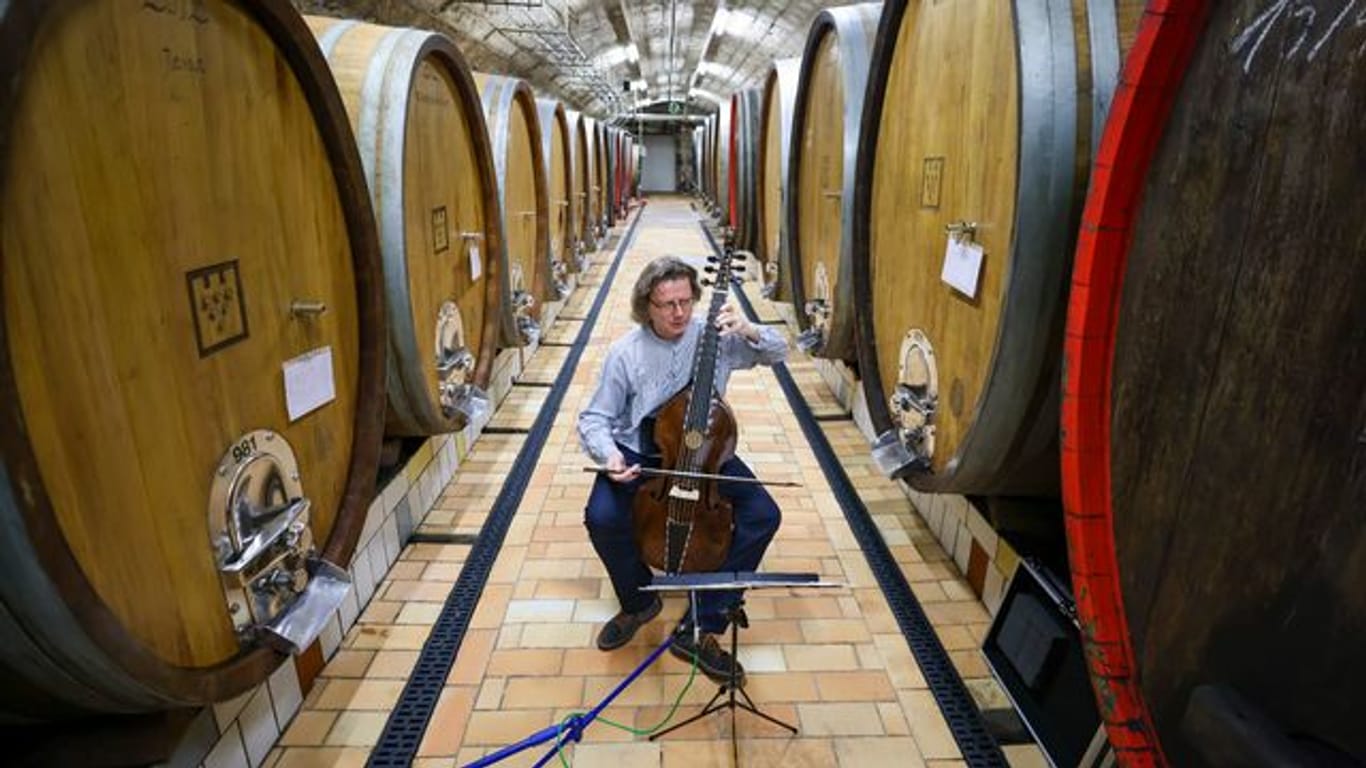 Klassik-Echo-Preisträger Thomas Fritzsch spielt auf einer Gamba Musik von Telemann im Fasskeller der Winzervereinigung Freyburg.