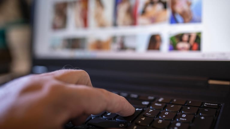 Mann vor dem Computer, eine Porno-Website geöffnet (Symbolbild): Der Mann stellte teils die Namen und Adressen der betroffenen Frauen ins Netz.