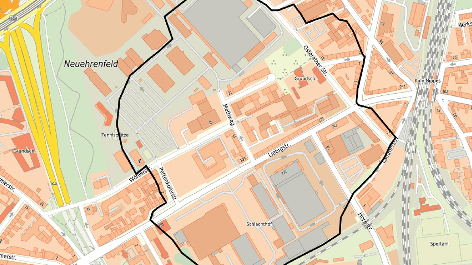 Evakuierungsradius rund um die Fundstelle: Betroffen ist der Bereich um den Methweg im Kölner Stadtteil Neuehrenfeld.