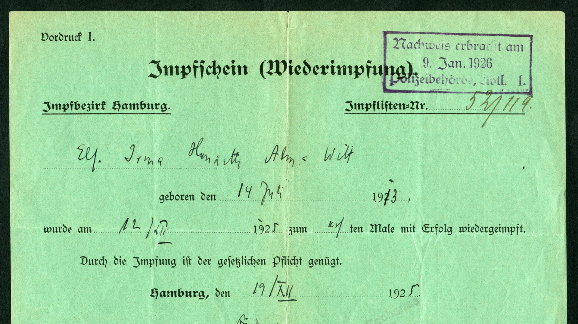 Offizieller Impfschein aus dem Jahr 1925: Impfnachweise werden aber bereits seit langer Zeit auch gefälscht.