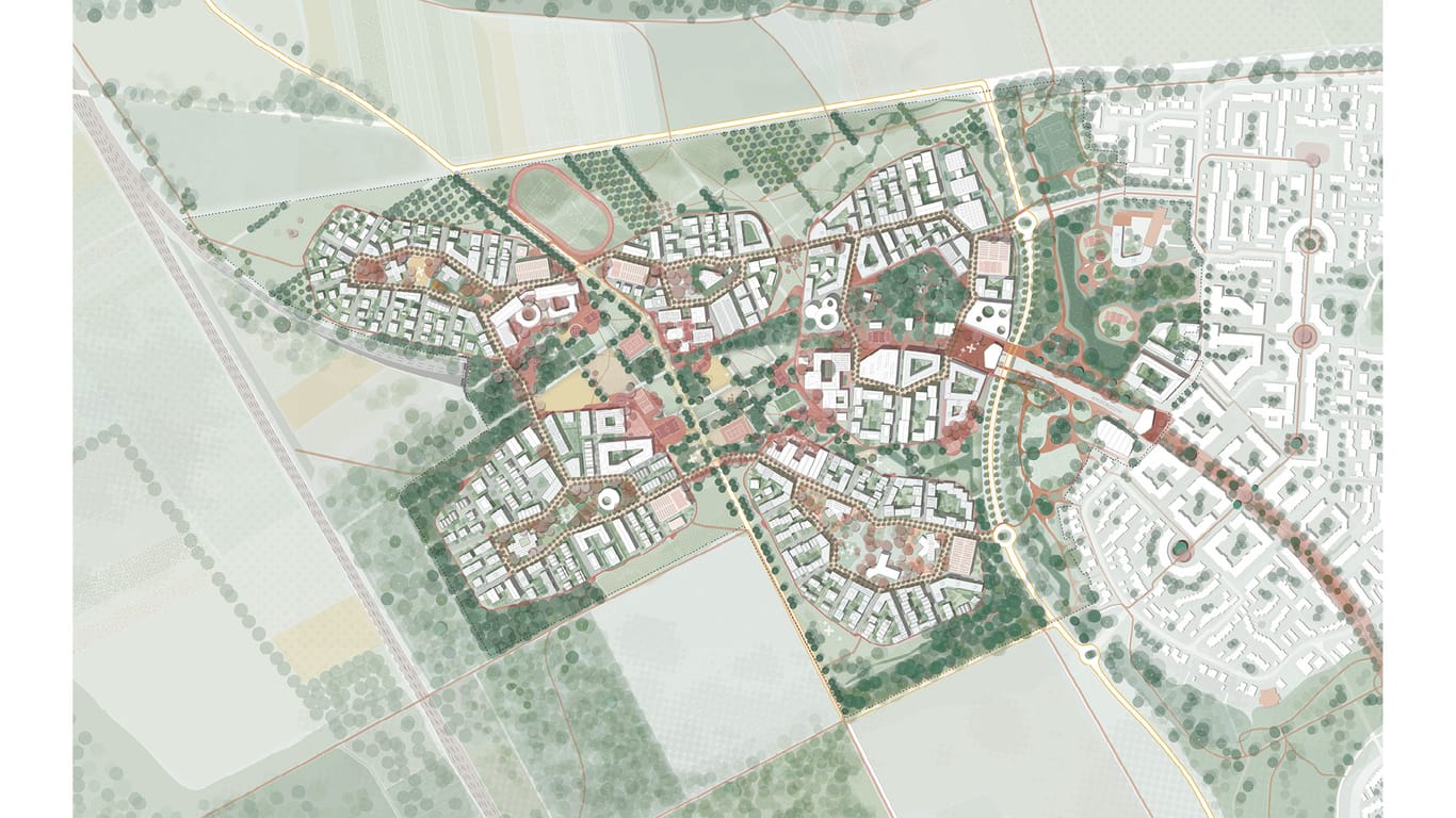 Lageplan von Kreuzfeld: Das neue Stadtviertel ist in fünf Veedel, sogenannte "Hoods" aufgeteilt.