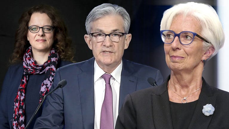 Die Drei von den Notenbanken: Die deutsche EZB-Direktorin Isabel Schnabel (v.l.), Fed-Chef Jerome Powell und EZB-Präsidentin Christine Lagarde.