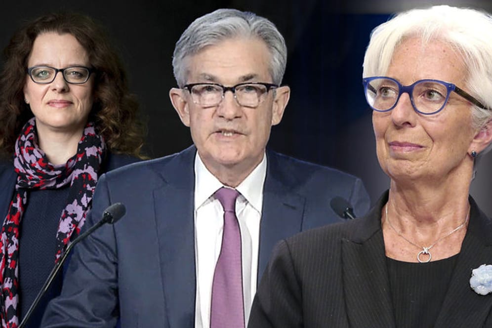 Die Drei von den Notenbanken: Die deutsche EZB-Direktorin Isabel Schnabel (v.l.), Fed-Chef Jerome Powell und EZB-Präsidentin Christine Lagarde.