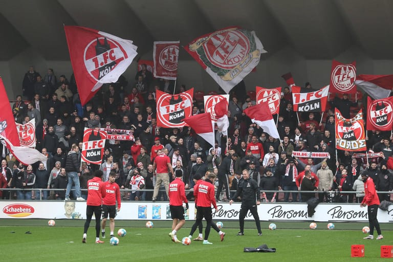 FC-Ultras bejubeln die Spieler beim Abschlusstraining am Geissbockheim: Am Sonntag spielt der 1. FC Köln im Hinrunden-Finale gegen den VfB Stuttgart.