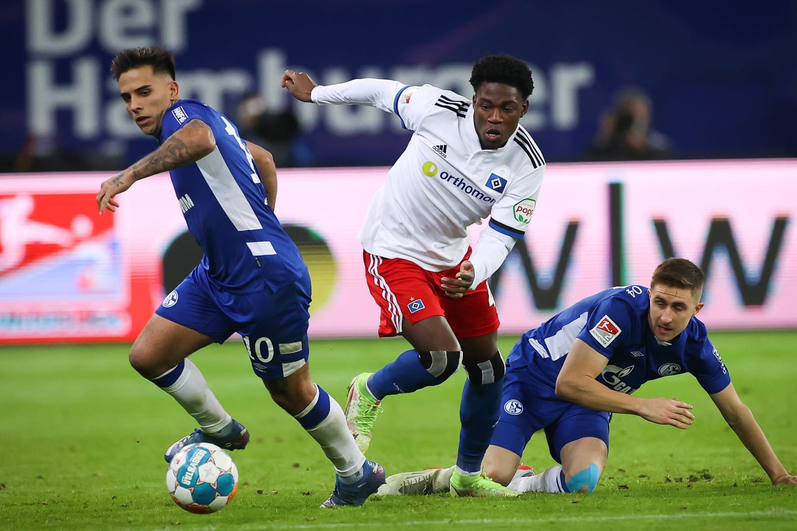 Schalkes Rodrigo Zalazar und Reinhold Ranftl (v.l.) hatten ihre liebe Mühe mit den Gegenspielern vom HSV.