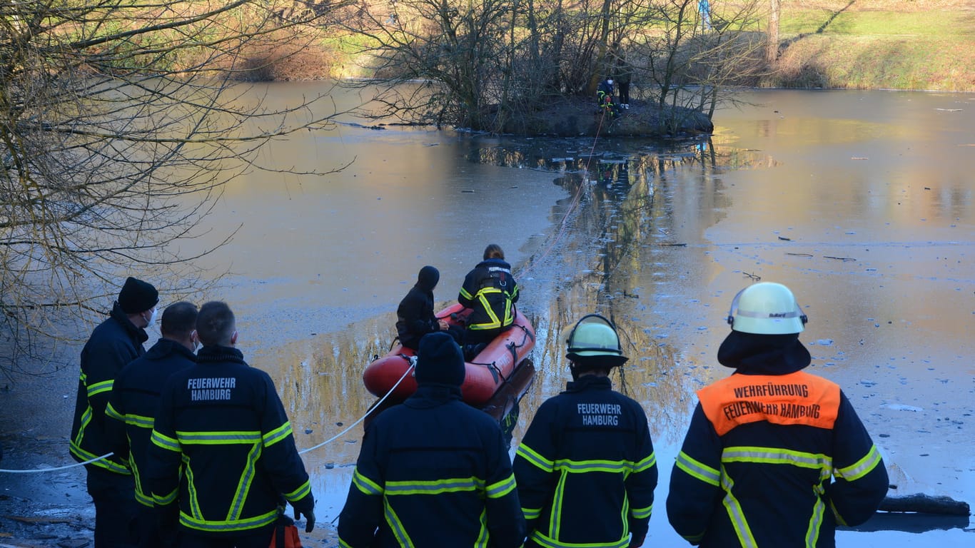 Feuerwehrleute stehen am Ufer eines Gewässers: Die Kinder waren über das Eis auf die Insel gelaufen und kamen nicht mehr zurück.