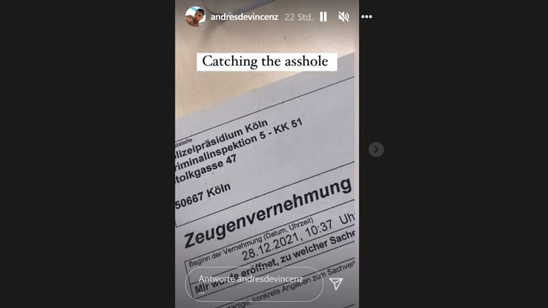 Screenshot aus der Instagram-Story von Andrés De Vincenz: Dem Dokument zufolge war der Influencer am Dienstag bei der Polizei.