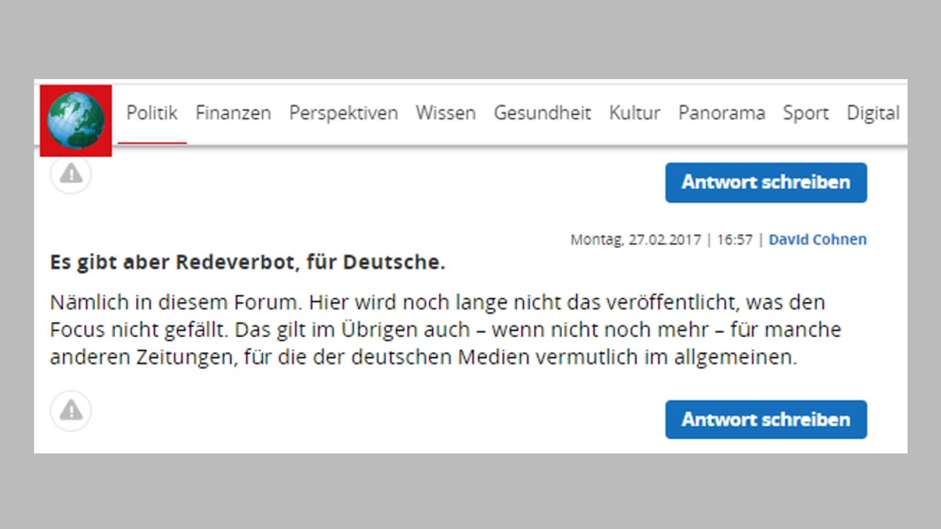 "Redeverbot": Cohnen ärgert sich, dass er im Forum von focus.de offenbar nicht alles schreiben durfte. Es war eines seiner letzten Postings dort.