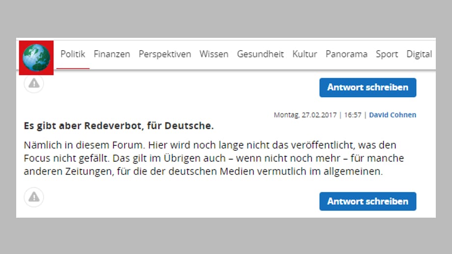 "Redeverbot": Cohnen ärgert sich, dass er im Forum von focus.de offenbar nicht alles schreiben durfte. Es war eines seiner letzten Postings dort.