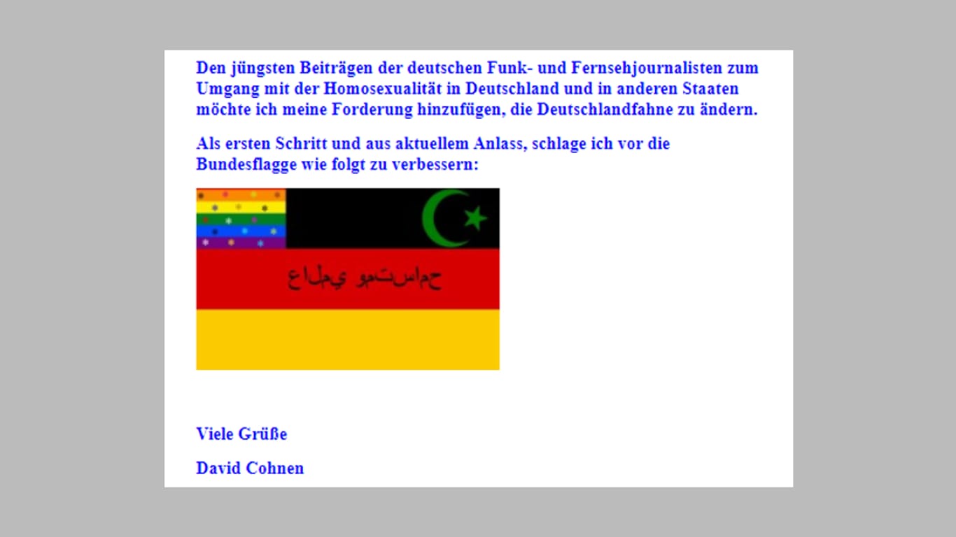 Unmut über Berichtersttatung zu Homosexuellen und Muslimen: Cohnen schlägt in einer Mail ironisch eine neue Deutschlandfahne vor.