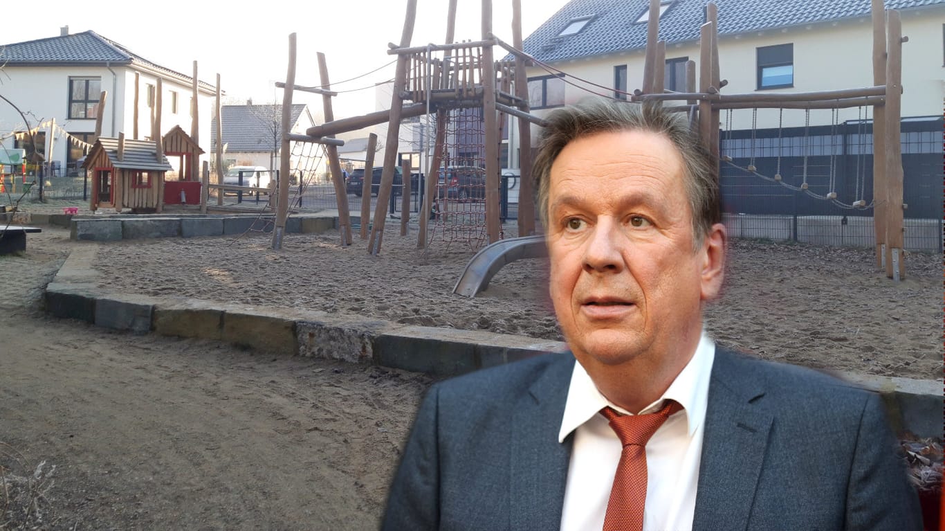 Jörg Kachelmann, Wetterexperte vor dem neuen Spielplatz in Dortmund (Collage): Der Spielplatz wurde nach dem Feng-Shui-Konzept gestaltet.