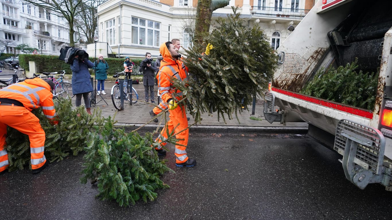 Mitarbeiter der Stadtreinigung werfen einen Weihnachtsbaum in den Müllwagen. Rund 200.000 Bäume würden in den erste beiden Januarwochen zusammenkommen, sagte ein Sprecher des städtischen Unternehmens.