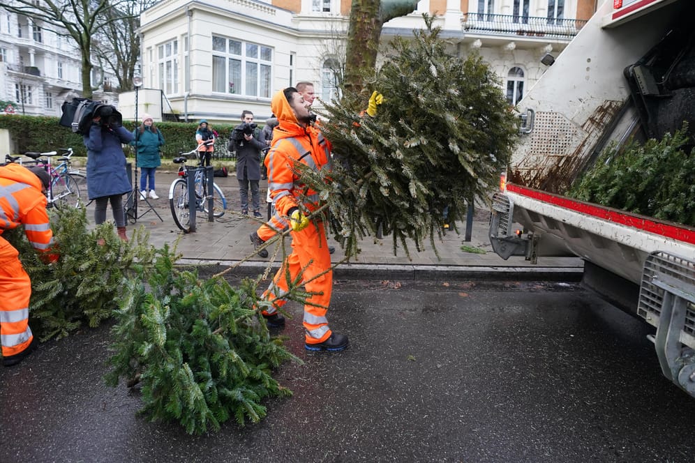 Mitarbeiter der Stadtreinigung werfen einen Weihnachtsbaum in den Müllwagen. Rund 200.000 Bäume würden in den erste beiden Januarwochen zusammenkommen, sagte ein Sprecher des städtischen Unternehmens.