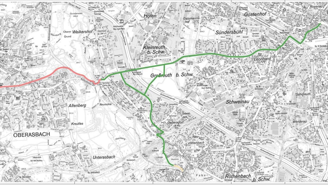 Übersichtsplan: Die Radschnellverbindung wird die Städte Nürnberg, Stein und den Landkreis Fürth verbinden.