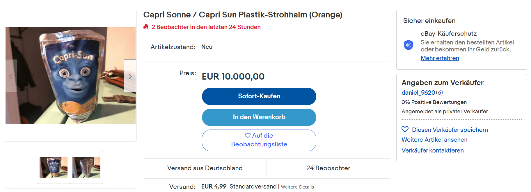 Ein Angebot auf Ebay: Die Preise für Capri-Sonnen mit Plastikstrohhalm variieren auf der Onlineplattform stark.