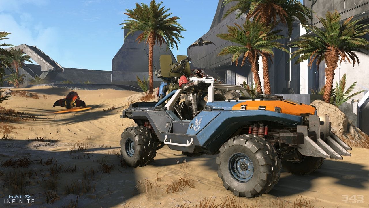 Dicke Reifen, großes Kaliber: Die Fahrzeuge sind gerade im Multiplayermodus von "Halo Infinite" ein wichtiges Spielelement. Dicke Reifen, großes Kaliber: Die Fahrzeuge sind gerade im Multiplayermodus von "Halo Infinite" ein wichtiges Spielelement.