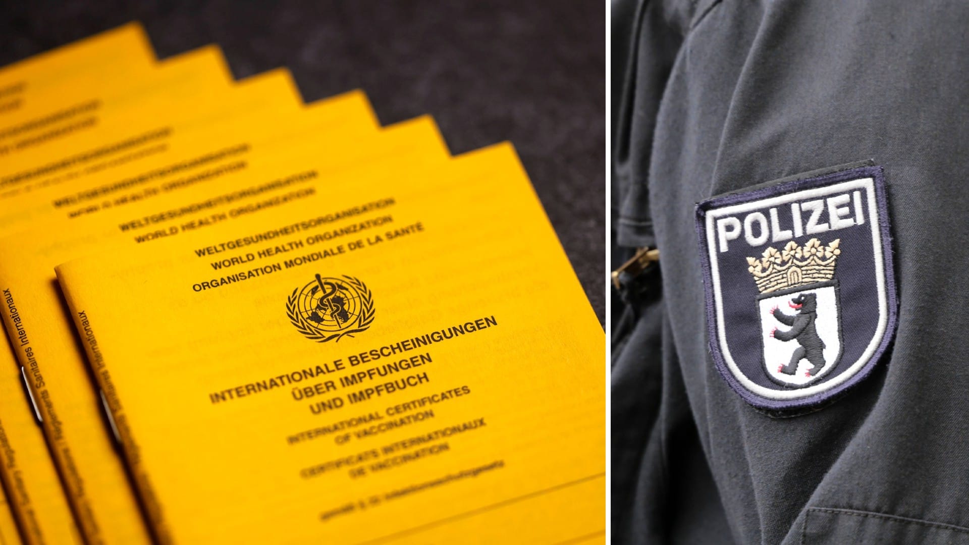Ein Stapel Impfpässe und ein Berliner Polizist (Symbolbild): Viele Hinweise stammen aus der Bevölkerung, von Ärzten oder Apothekern.