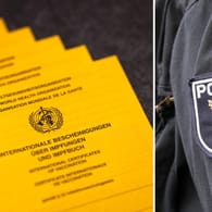 Ein Stapel Impfpässe und ein Berliner Polizist (Symbolbild): Viele Hinweise stammen aus der Bevölkerung, von Ärzten oder Apothekern.