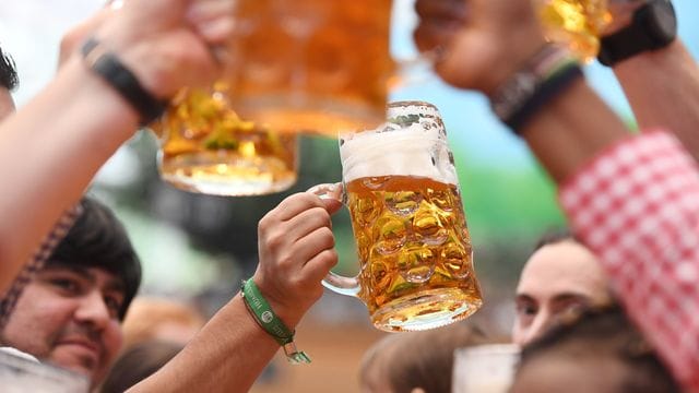 Besucher prosten sich in einem Bierzelt mit Biergläsern zu.