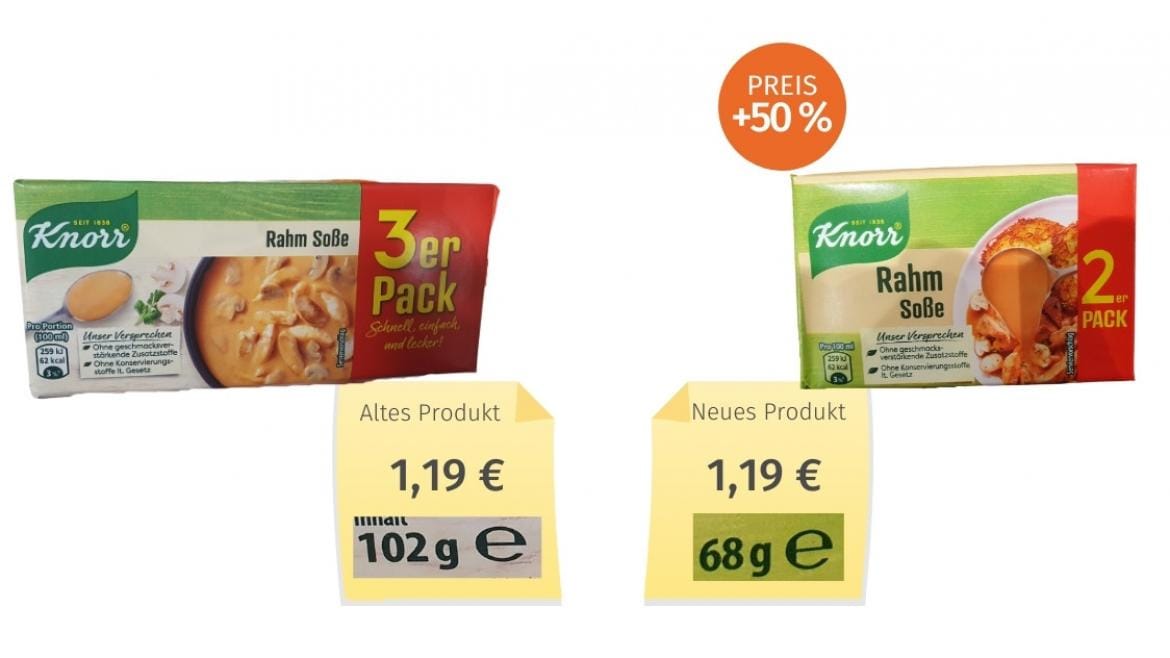 "Rahm Soße" von Knorr: Es stecken nur noch zwei statt der gewohnten drei Portionen in der Packung – der Preis für das Produkt ist aber nicht gesunken.