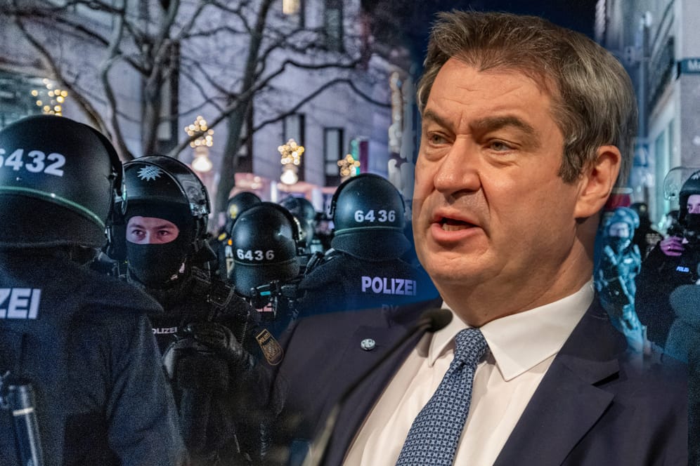 Markus Söder, Ministerpräsident von Bayern vor einer Demonstration in München (Collage): Er ruft dazu auf, die Gesellschaft wieder zu versöhnen.