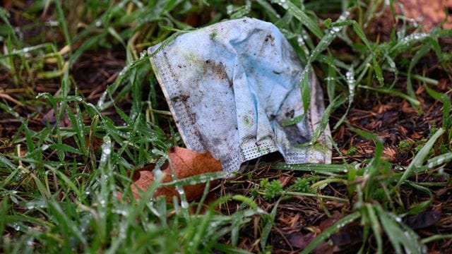 Eine Maske liegt auf einer regennassen Wiese.