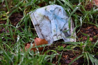 Eine Maske liegt auf einer regennassen Wiese.