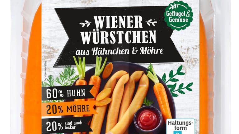 Hybridwurst: Die Wiener Würstchen mit Möhre sowie Hähnchen-Fleischwurst mit Sojaprotein gibt es in den Sorten Klassik und Knoblauch.